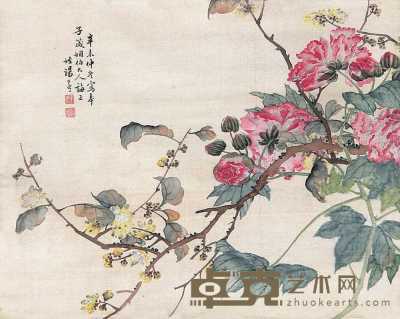 汤世澍 辛未（1871年）作 花卉 立轴 32×40cm